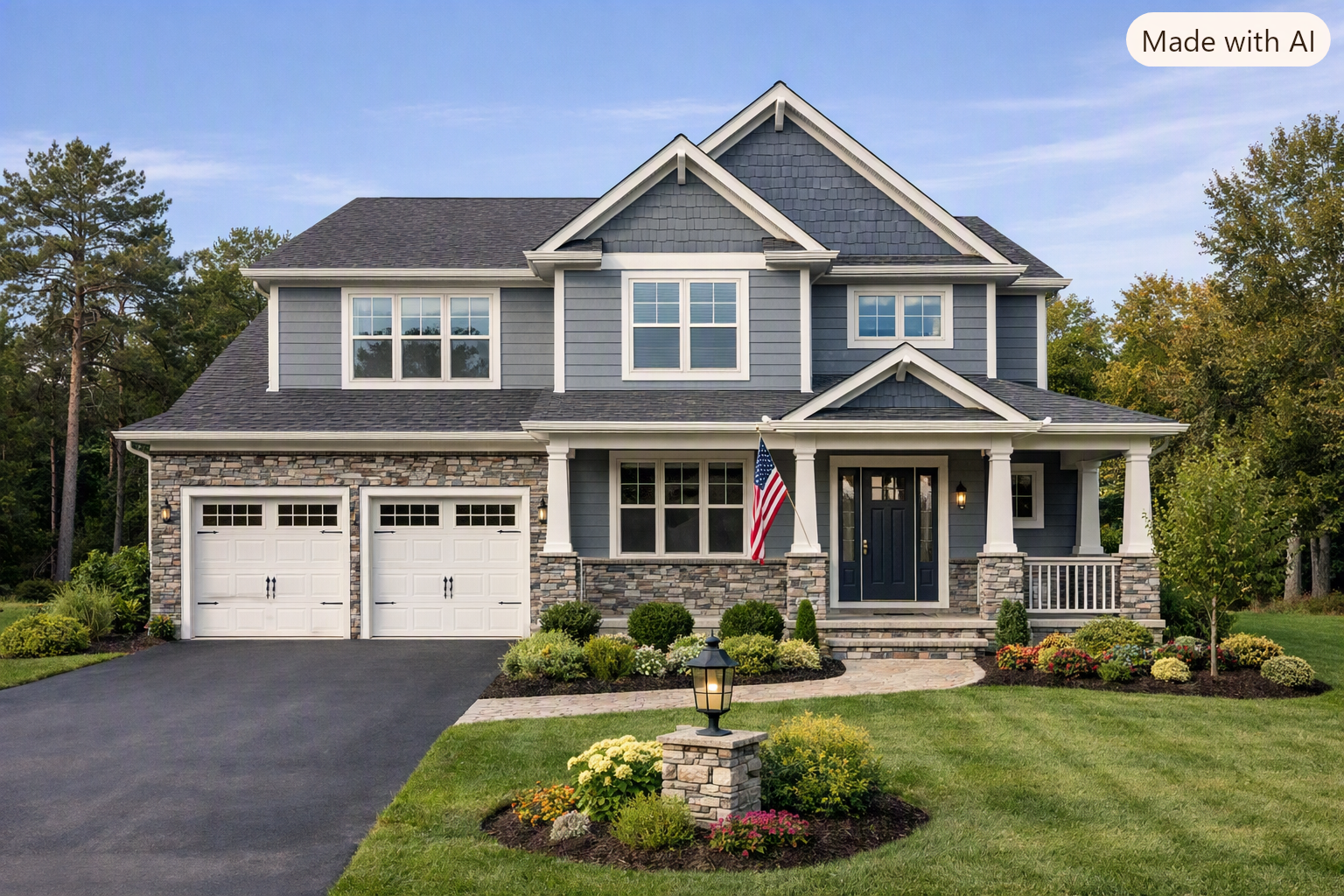Gray two-story home with a landscaped yard and covered front porch