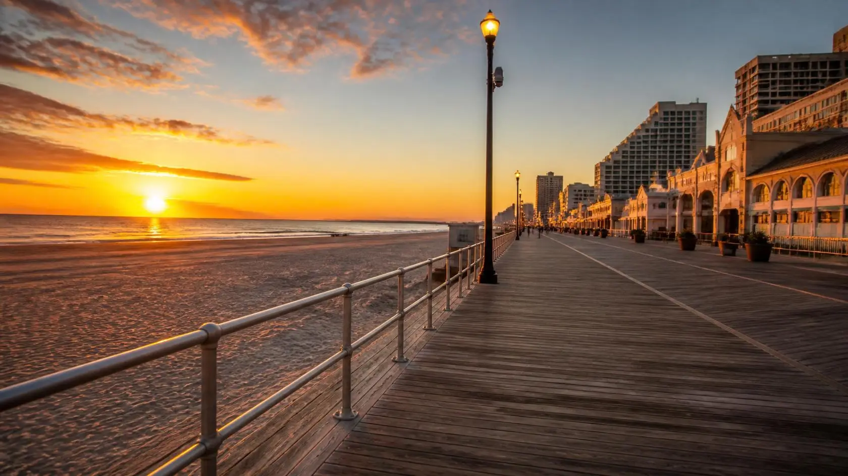 A view of the Atlantic City boardwalk and sandy beach at sunset, with coastal buildings lining the right side."