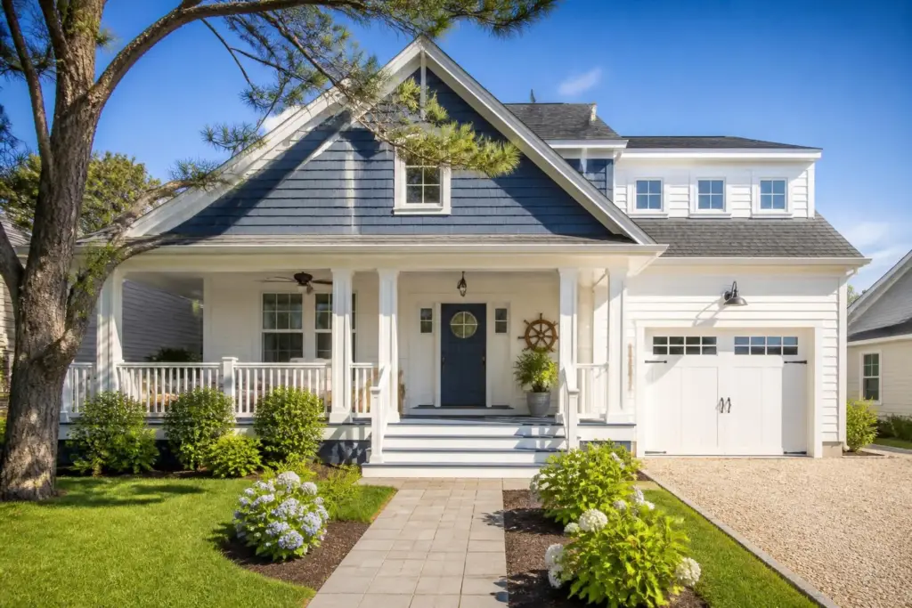 Exterior view of a two-story suburban house with light blue and white siding, a covered front porch, a white garage, and a landscaped green lawn under a clear blue sky